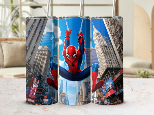 Spider-Man swinging through a city skyline on a tumbler.