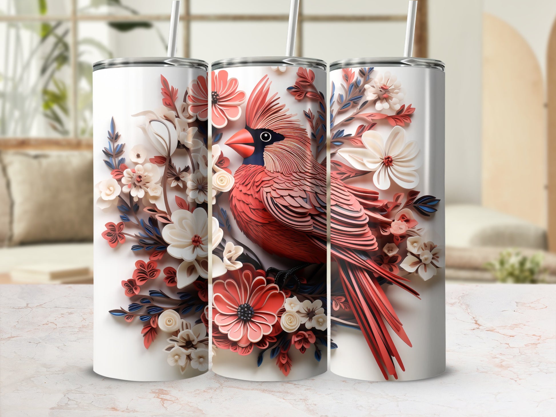 Cardinal and floral design on white tumblers with straws.