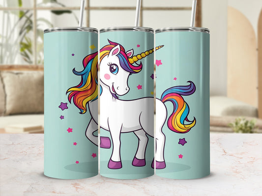White unicorn with rainbow mane and tail on a pastel background.