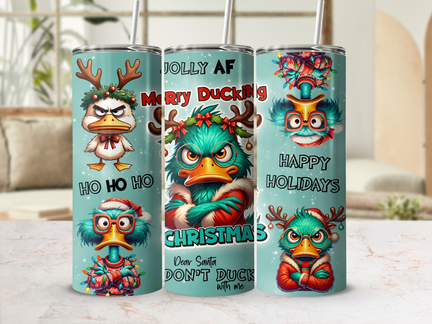 Christmas tumbler with four cartoon ducks, "Merry Ducking" and "Happy Holidays" text.
