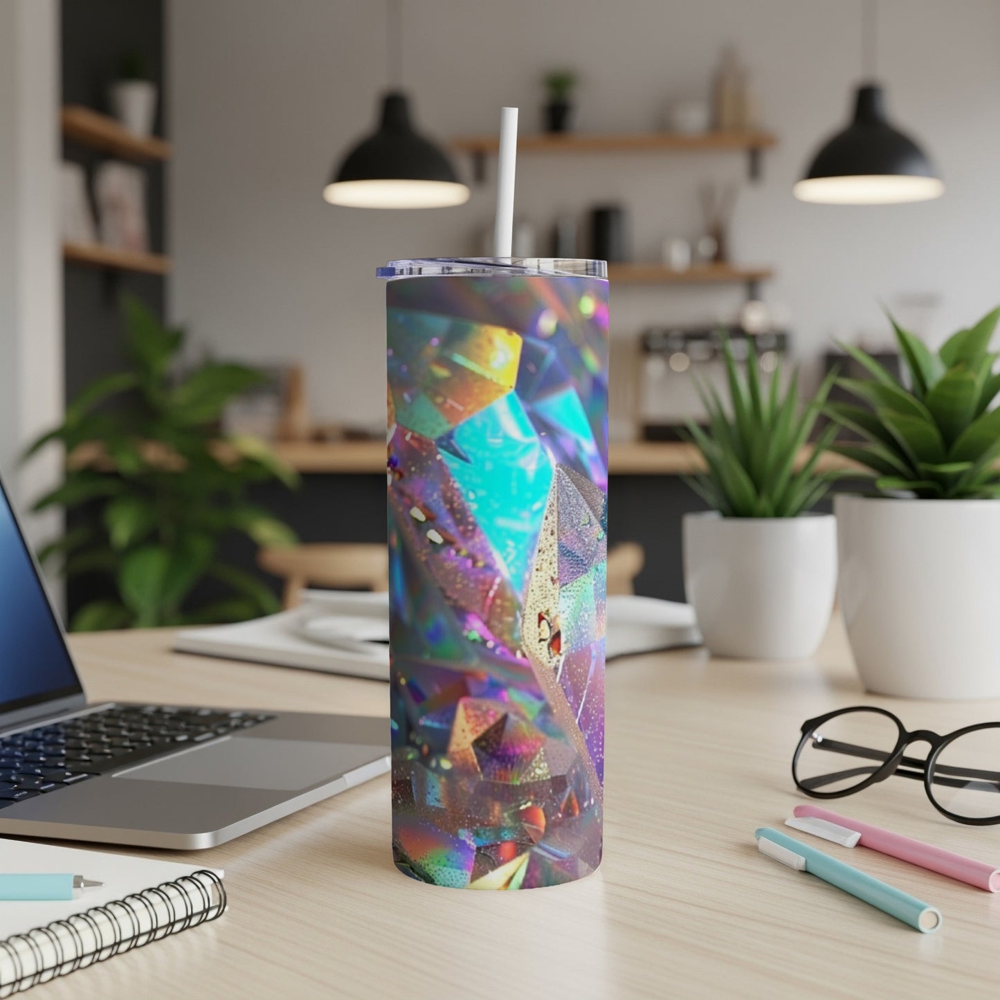 Holographic geometric tumbler with a straw on a desk.