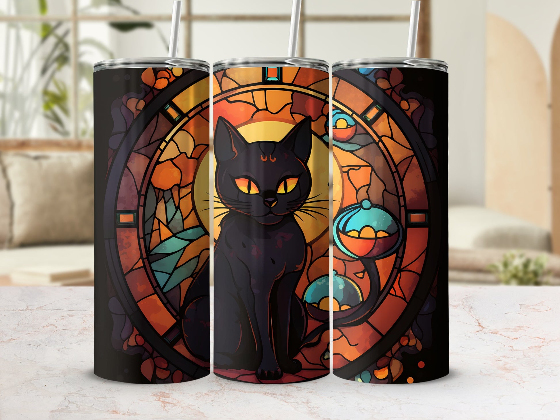 Black cat with glowing eyes on stained glass background, three tumblers.