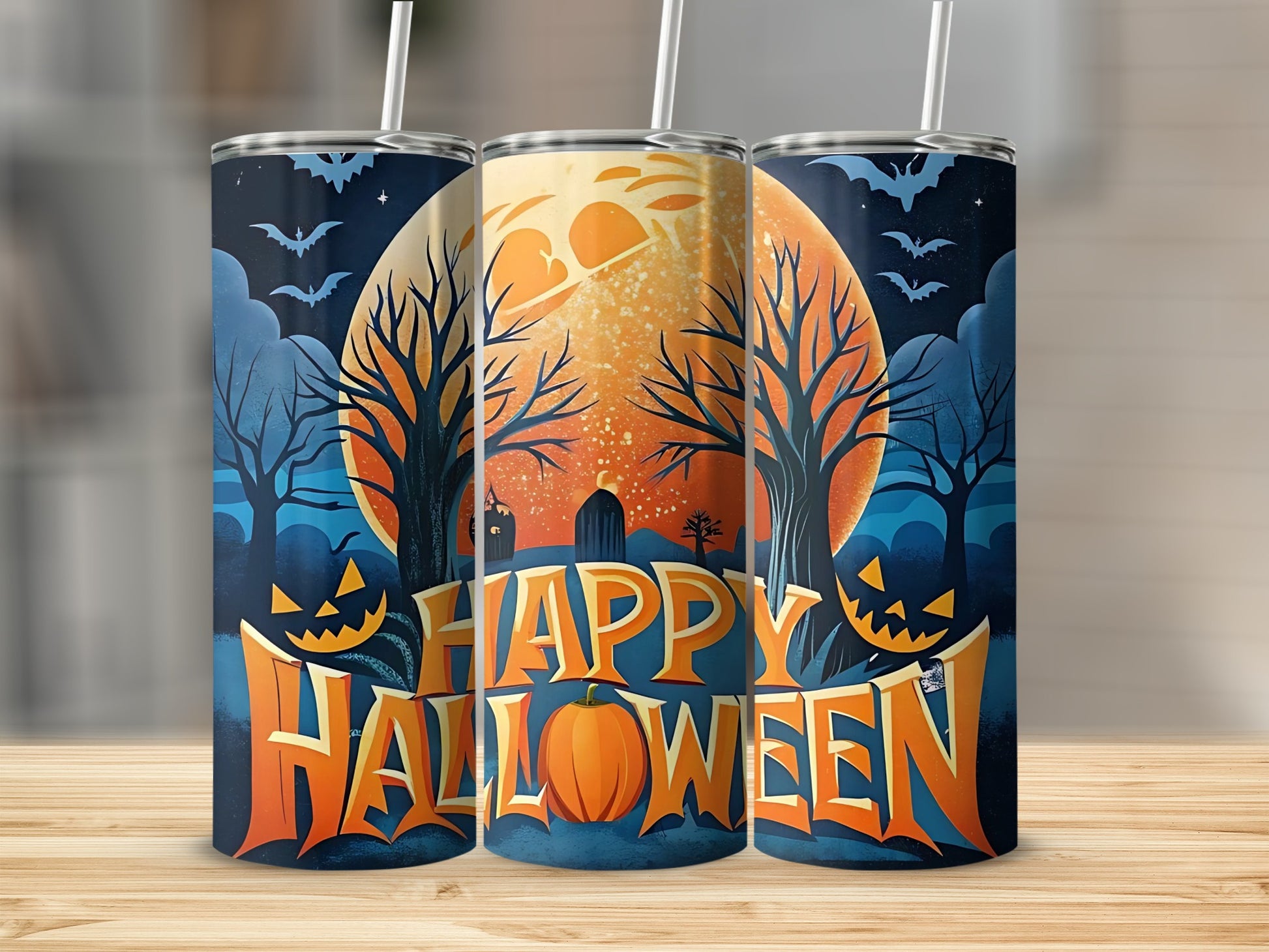 Three Halloween-themed tumblers with a spooky moon, bats, trees, and jack-o'-lanterns.