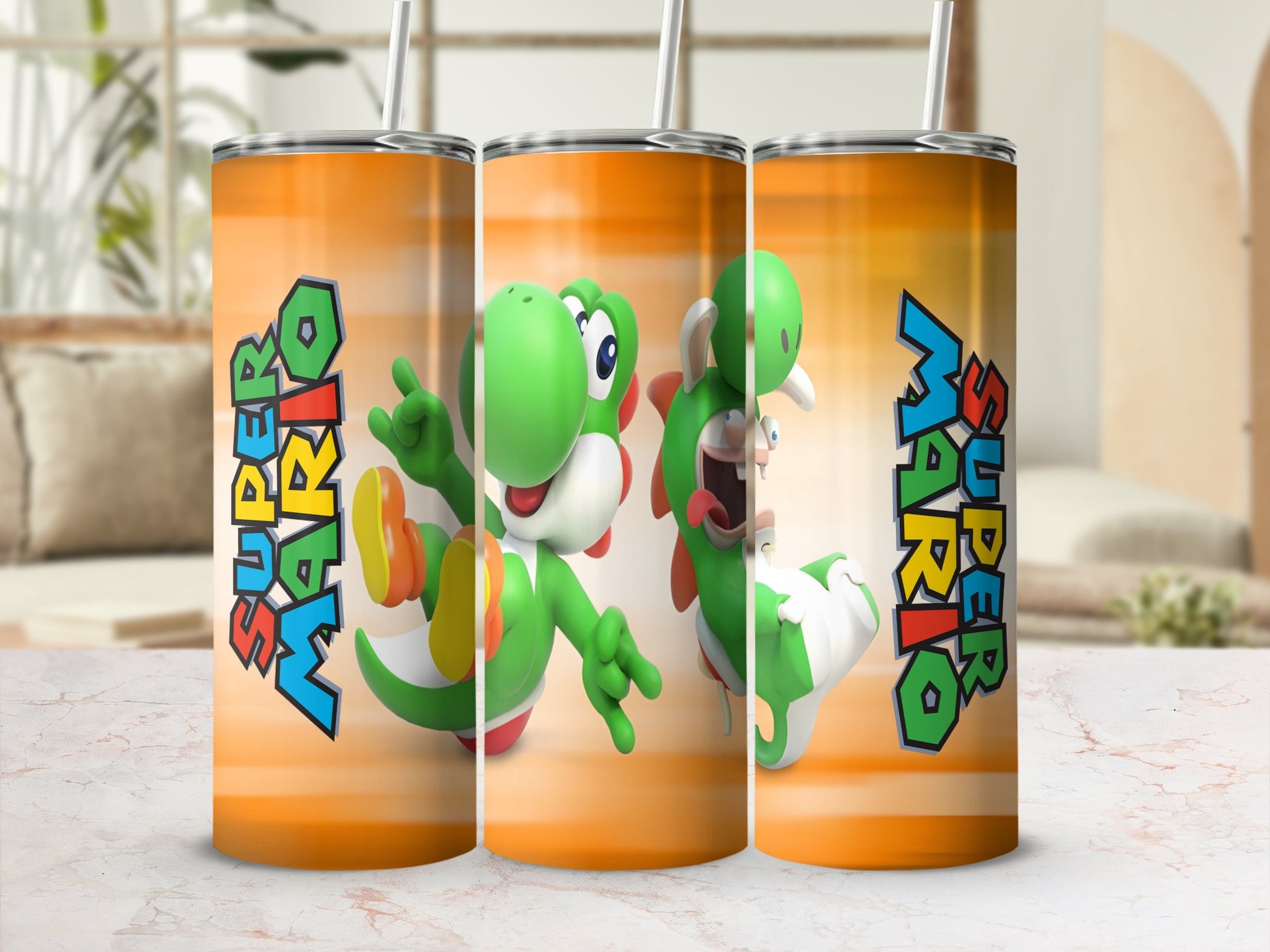 Mario characters and "Super Mario" text on an orange gradient tumbler.