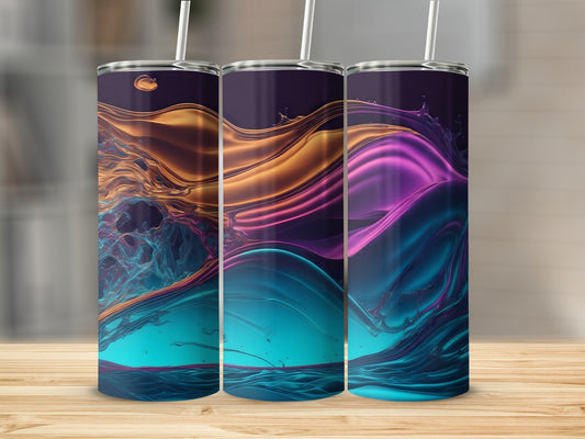 Three tumblers with abstract swirling blue, purple, and orange patterns.