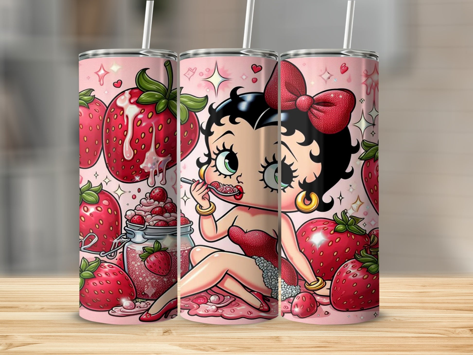 Cute Retro Cartoon with Strawberries Tumbler Design
