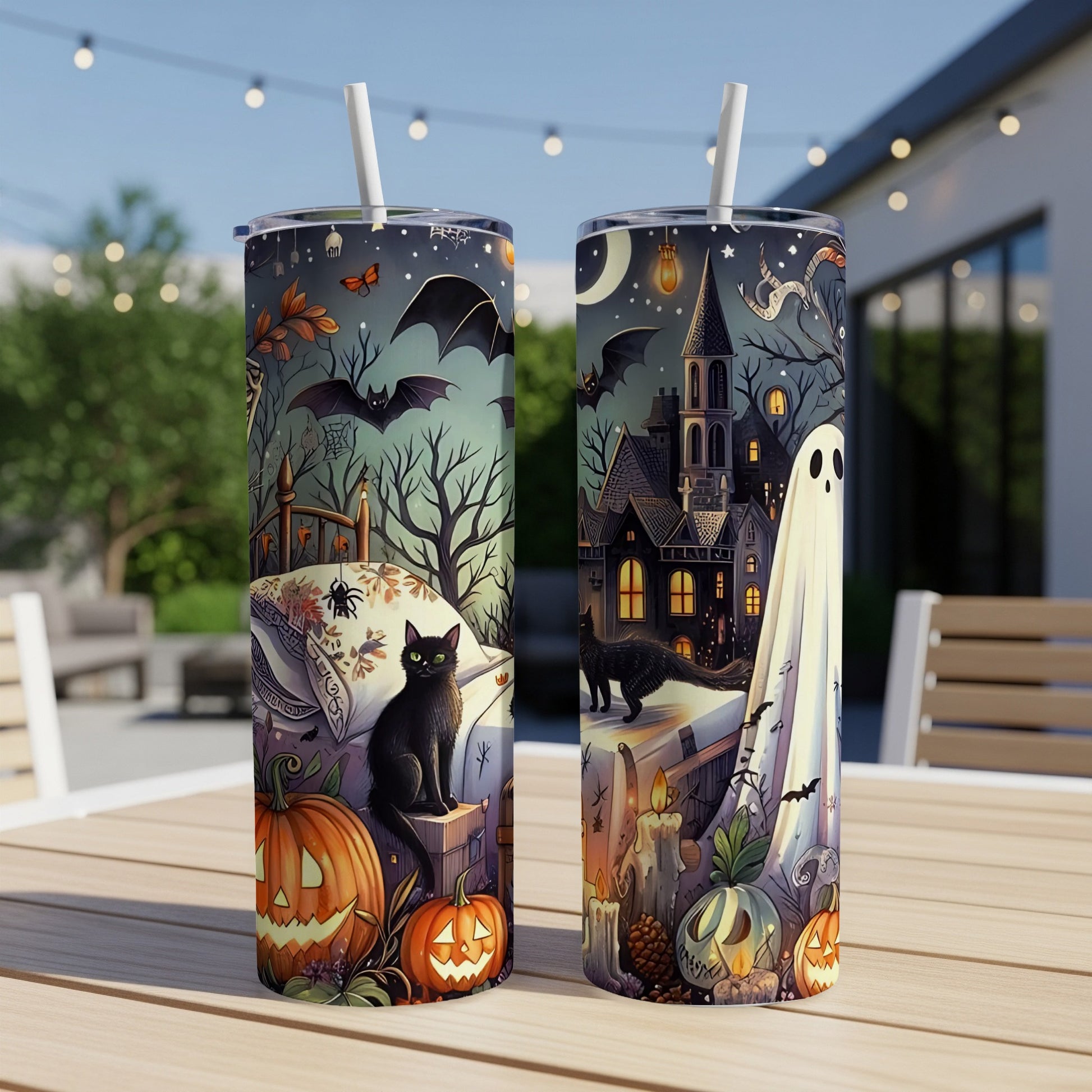 Halloween themed tumblers with black cats, pumpkins, ghosts, bats, and a haunted house.