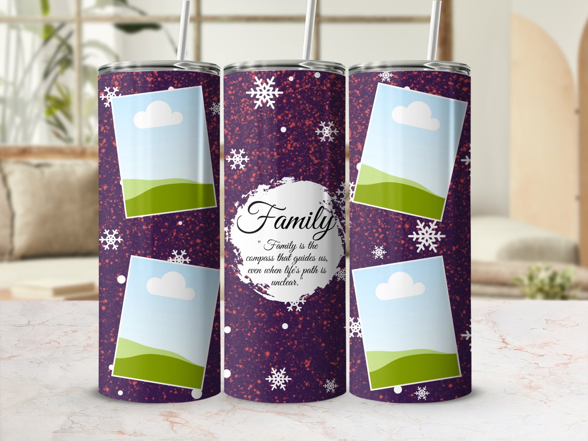 Purple tumblers with snowflakes and photo frames, featuring "Family" quote.