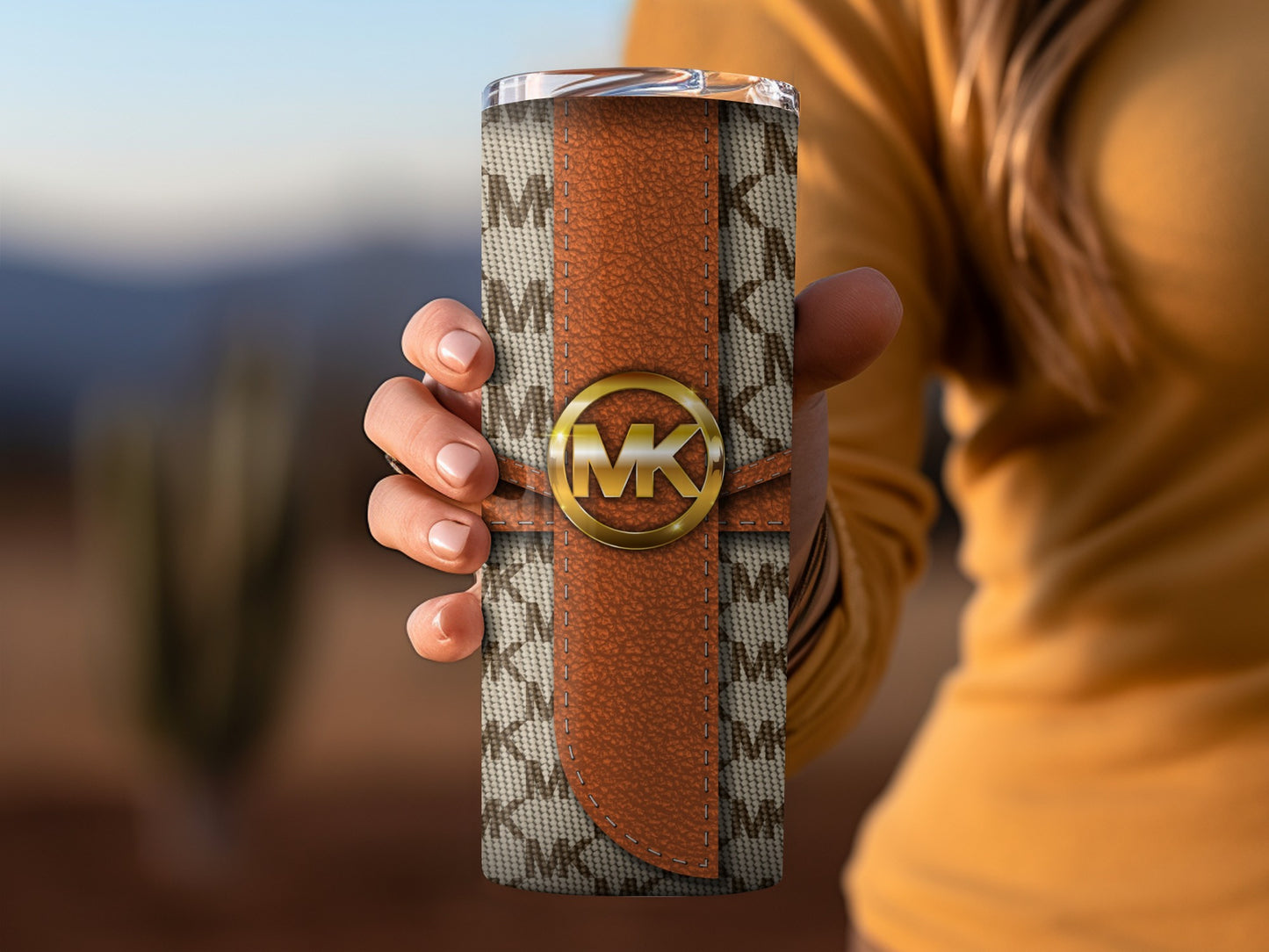Stylish MK Patterned Tumbler with Iconic Logo Design
