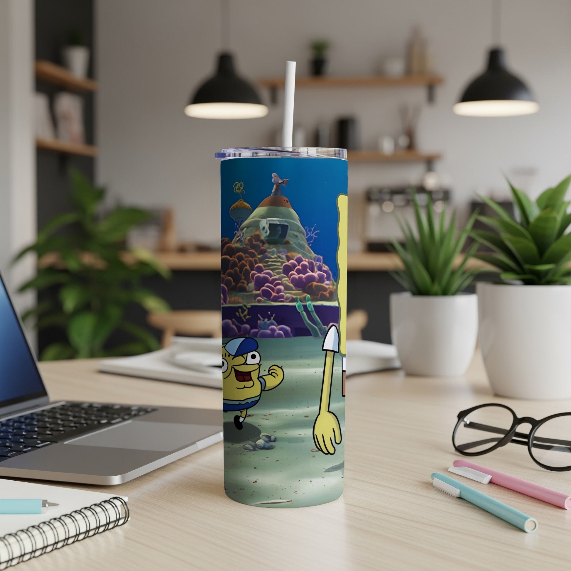 SpongeBob SquarePants characters on a sandy ocean floor tumbler.