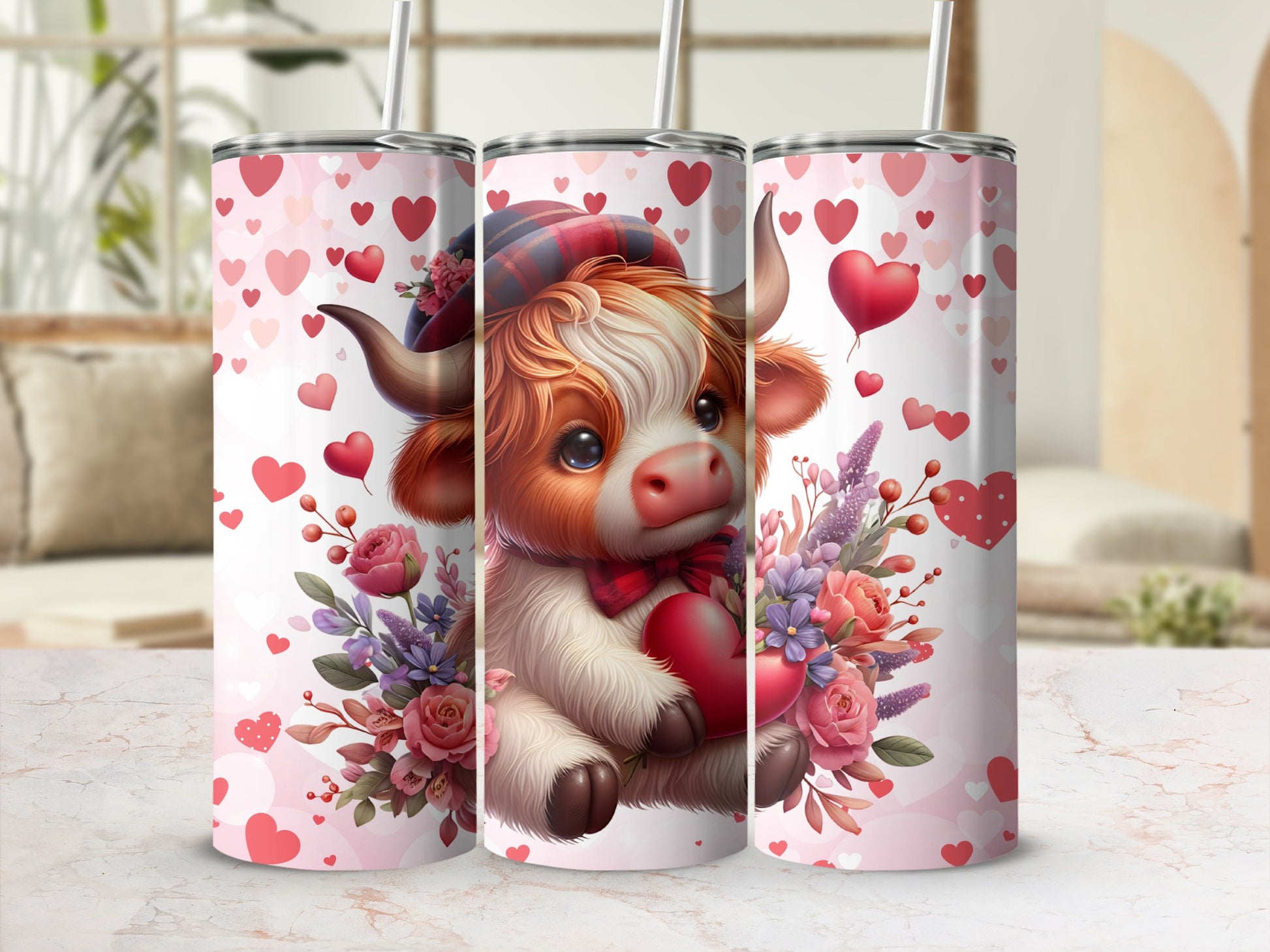Adorable Cow with Hearts and Flowers Tumbler Design