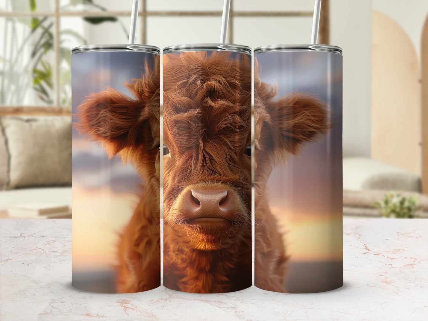 Three tumblers featuring a fluffy brown calf against a sunset background.