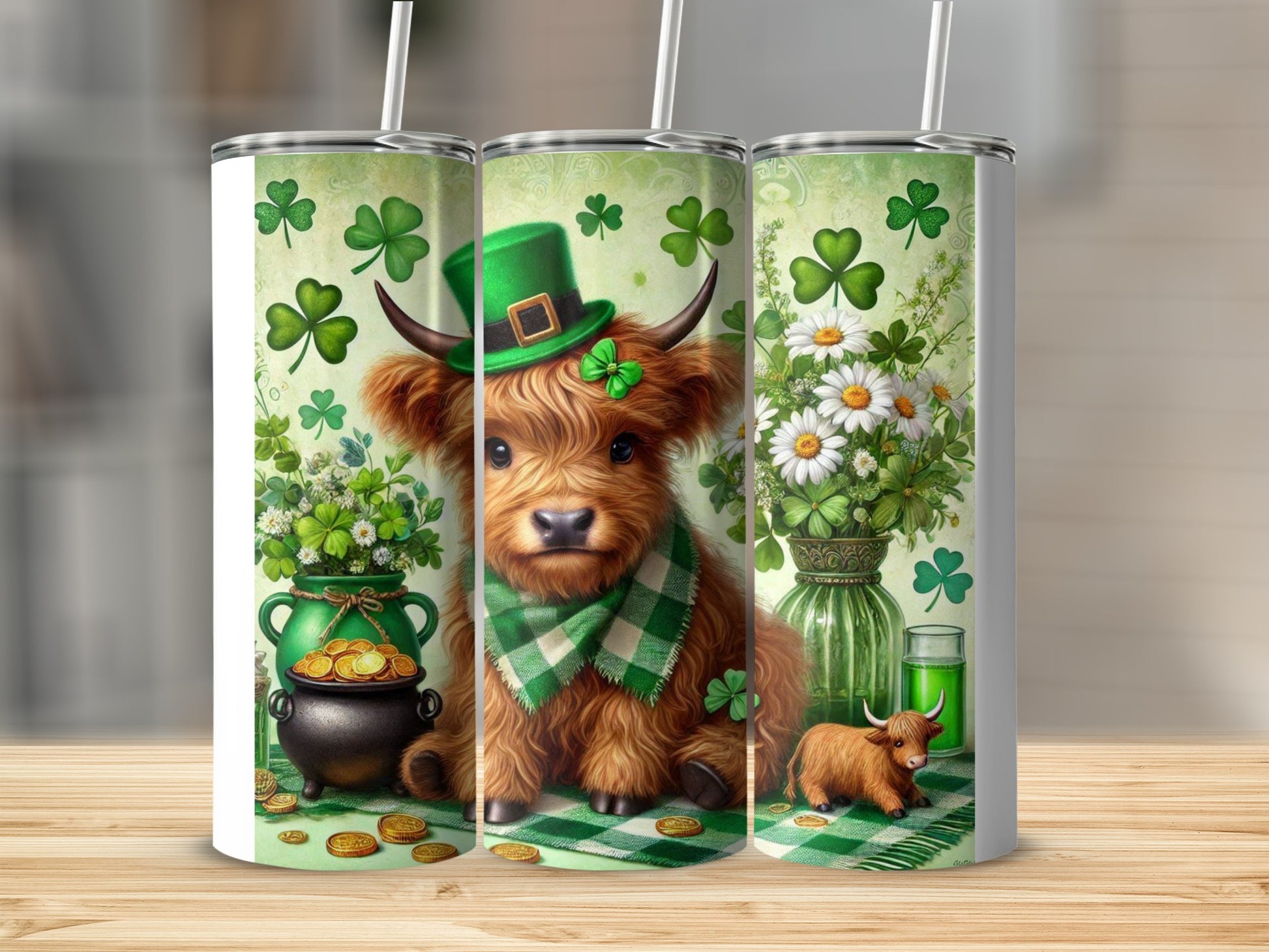 Highland cow with St. Patrick's Day decorations, shamrocks, and gold coins.