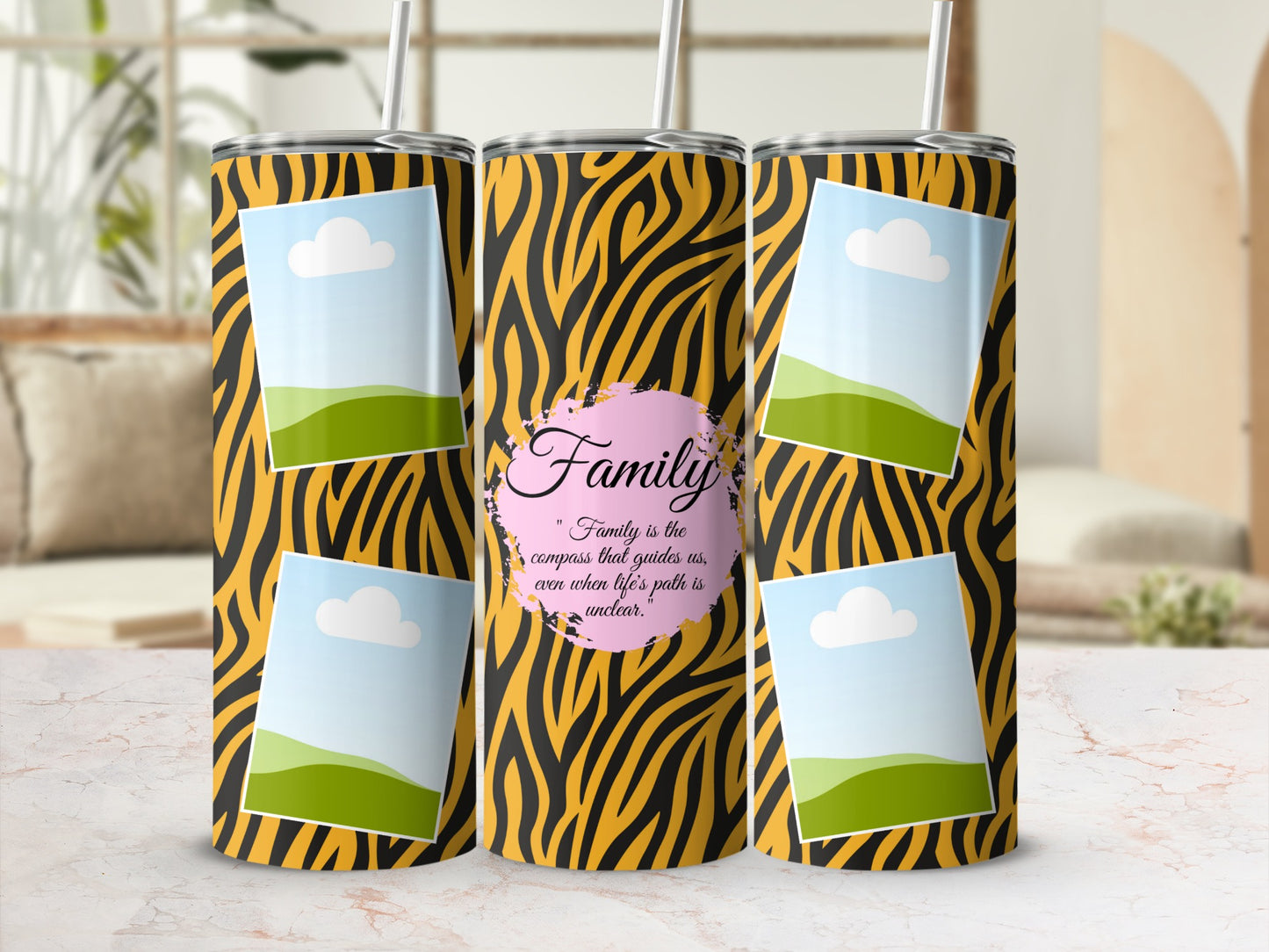 Tumbler with tiger stripe pattern, photo placeholders, and "Family is the compass" quote.