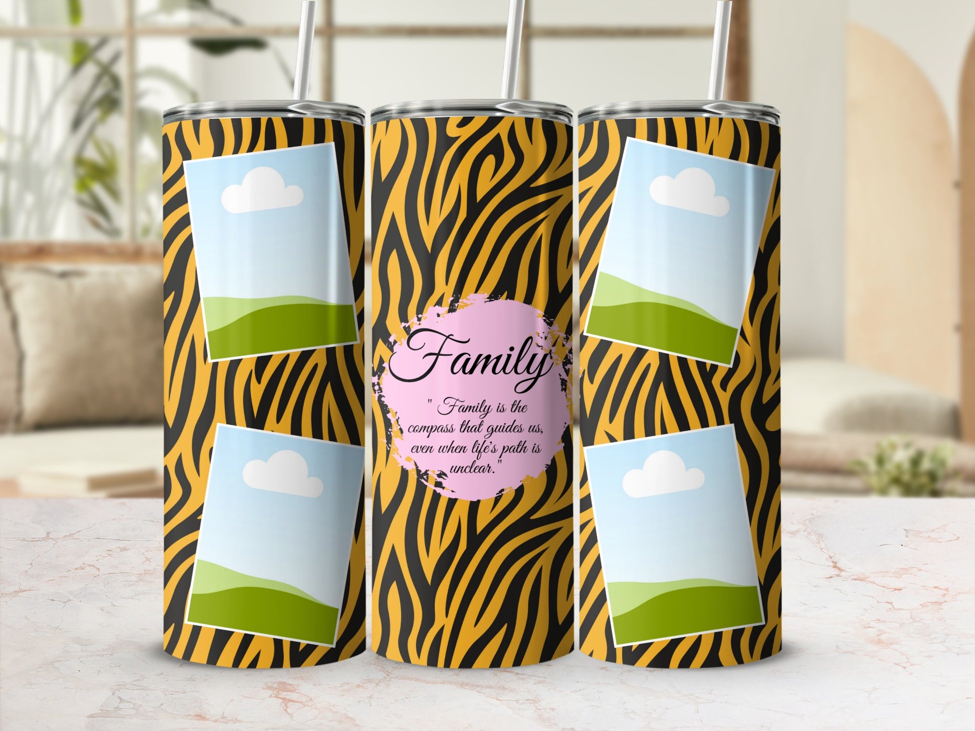 Tumbler with tiger stripe pattern, photo placeholders, and "Family is the compass" quote.