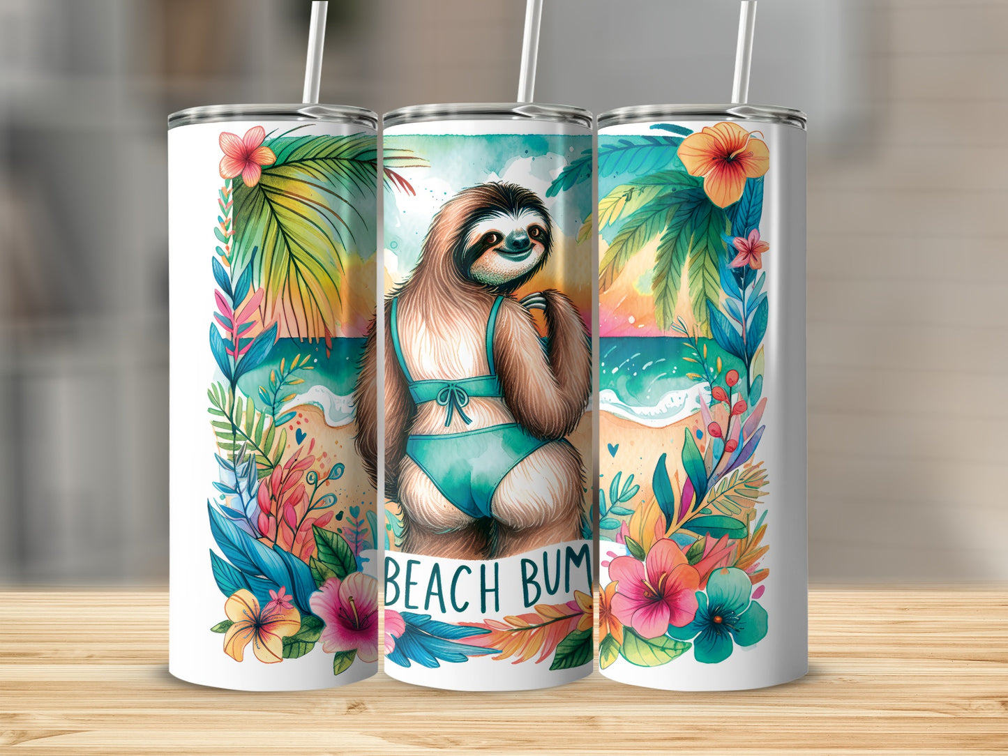 Beach bum sloth in bikini on tropical beach, surrounded by flowers.