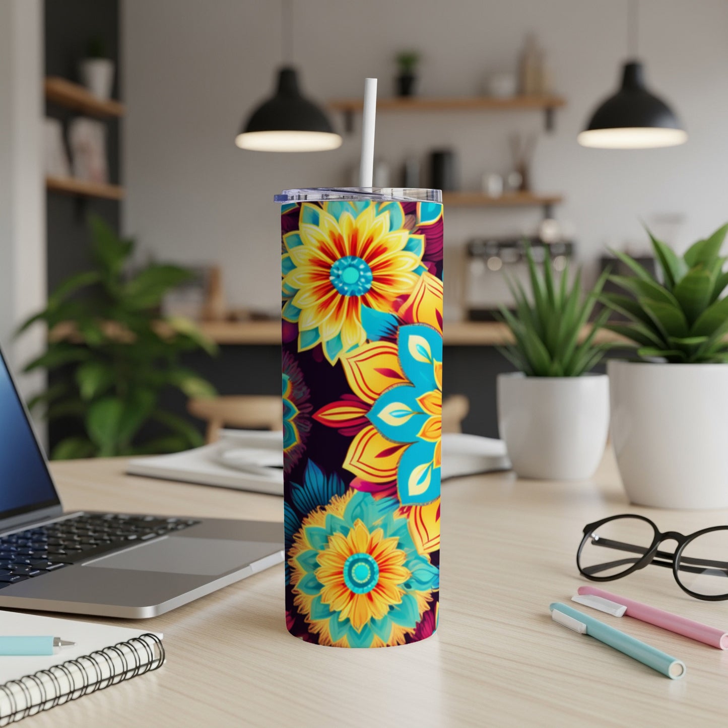 Tall tumbler with vibrant floral pattern, lid, and straw on desk.