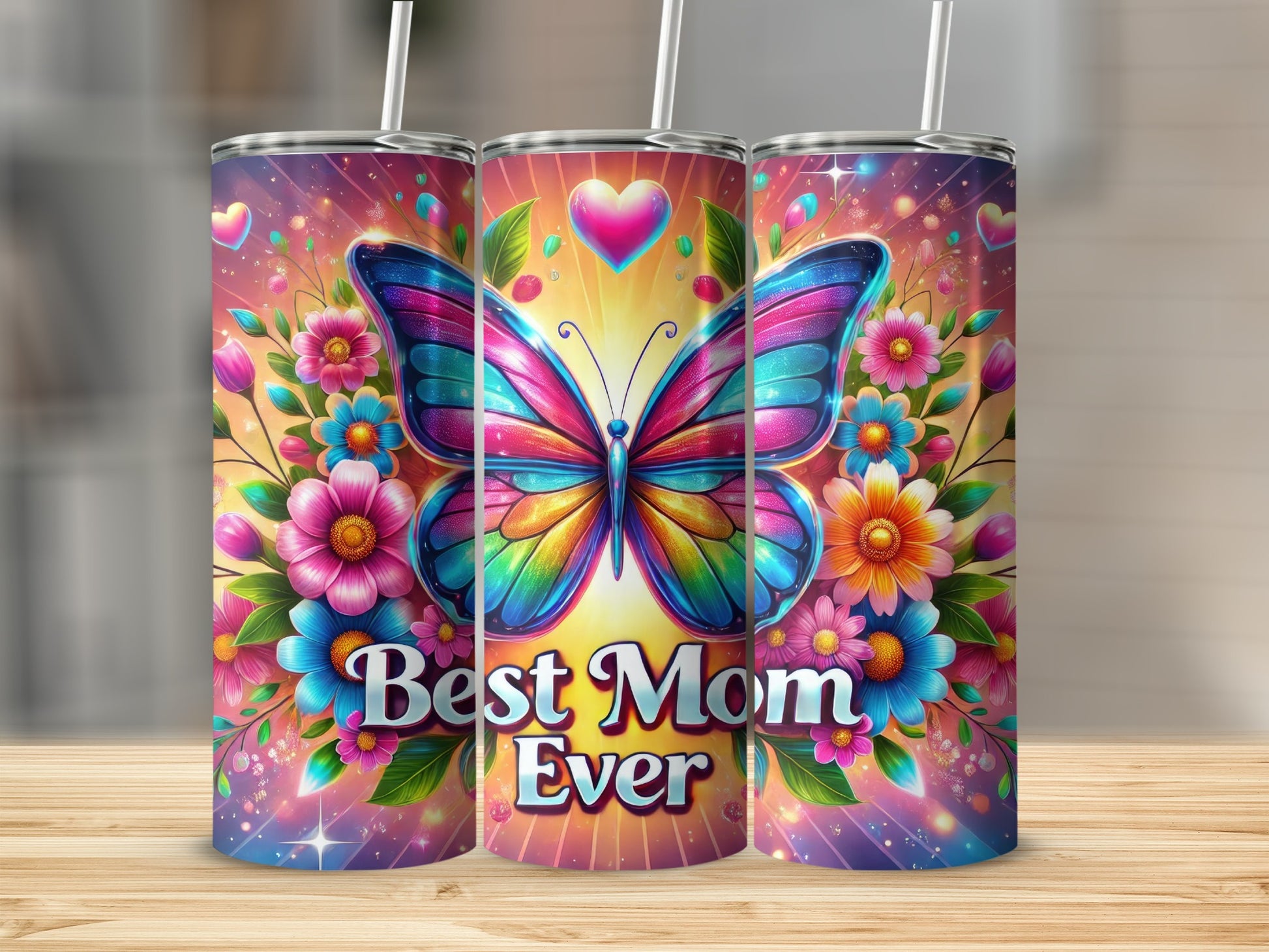 Colorful Butterfly Best Mom Ever Floral Tumbler
