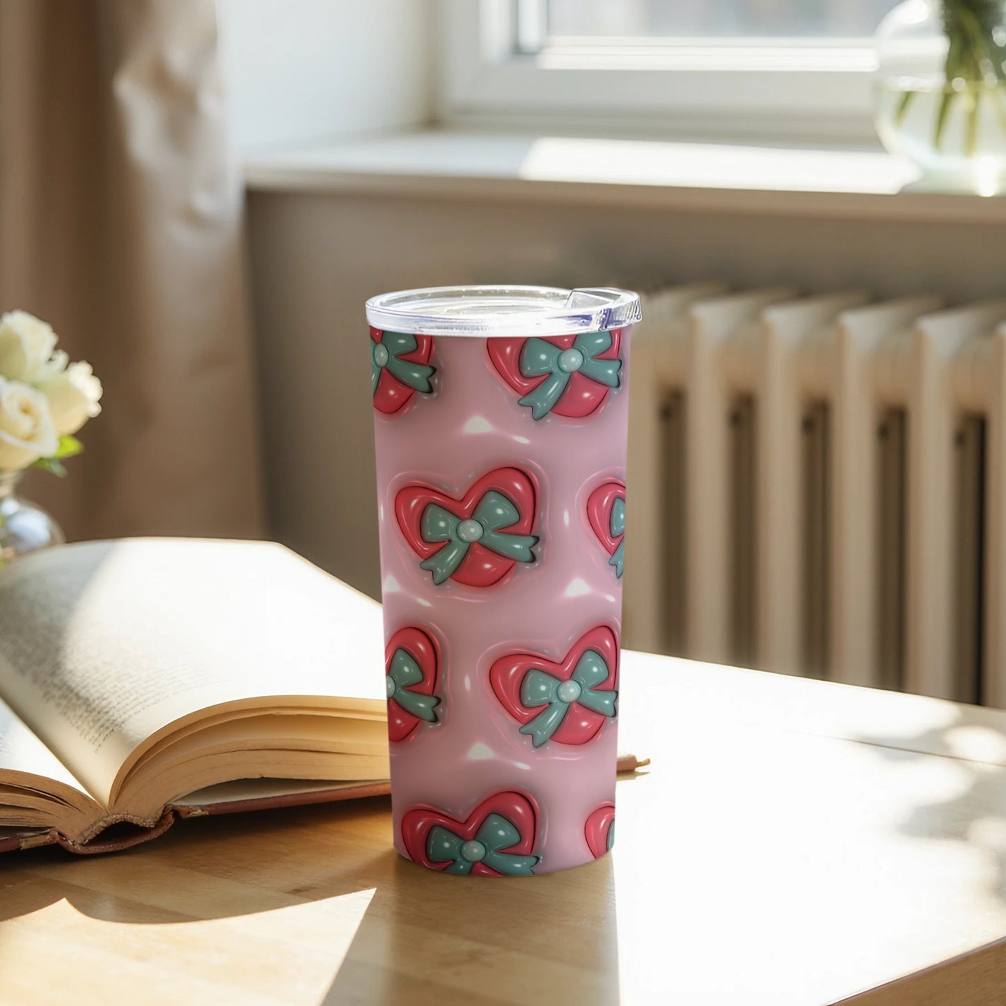 Pink Heart Patterned Insulated Tumbler Cup