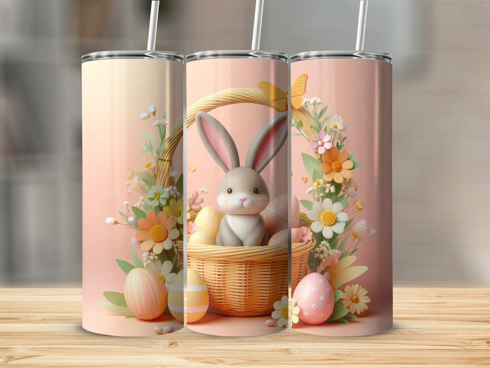 Easter bunny and eggs in a basket surrounded by flowers, on a tumbler.