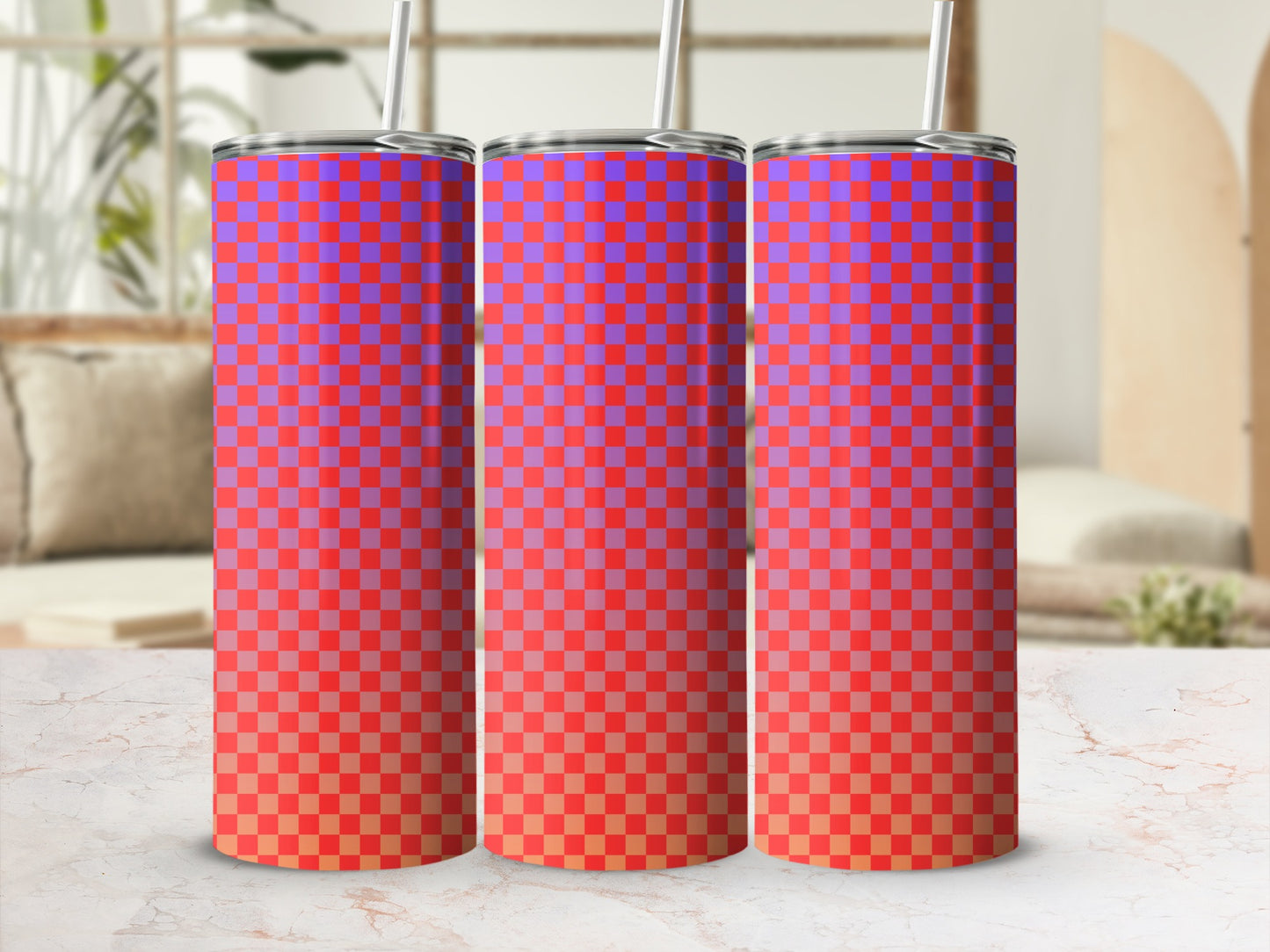 Three tumblers with a red, purple, and blue checkerboard pattern.