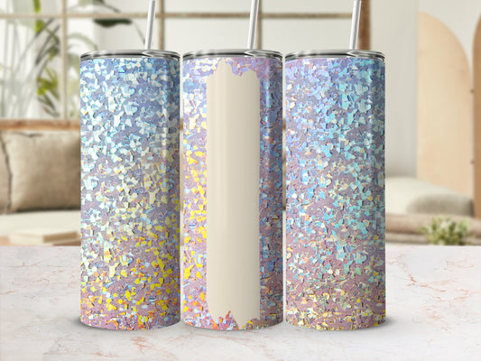 Three holographic glitter tumblers with straws on a marble surface.