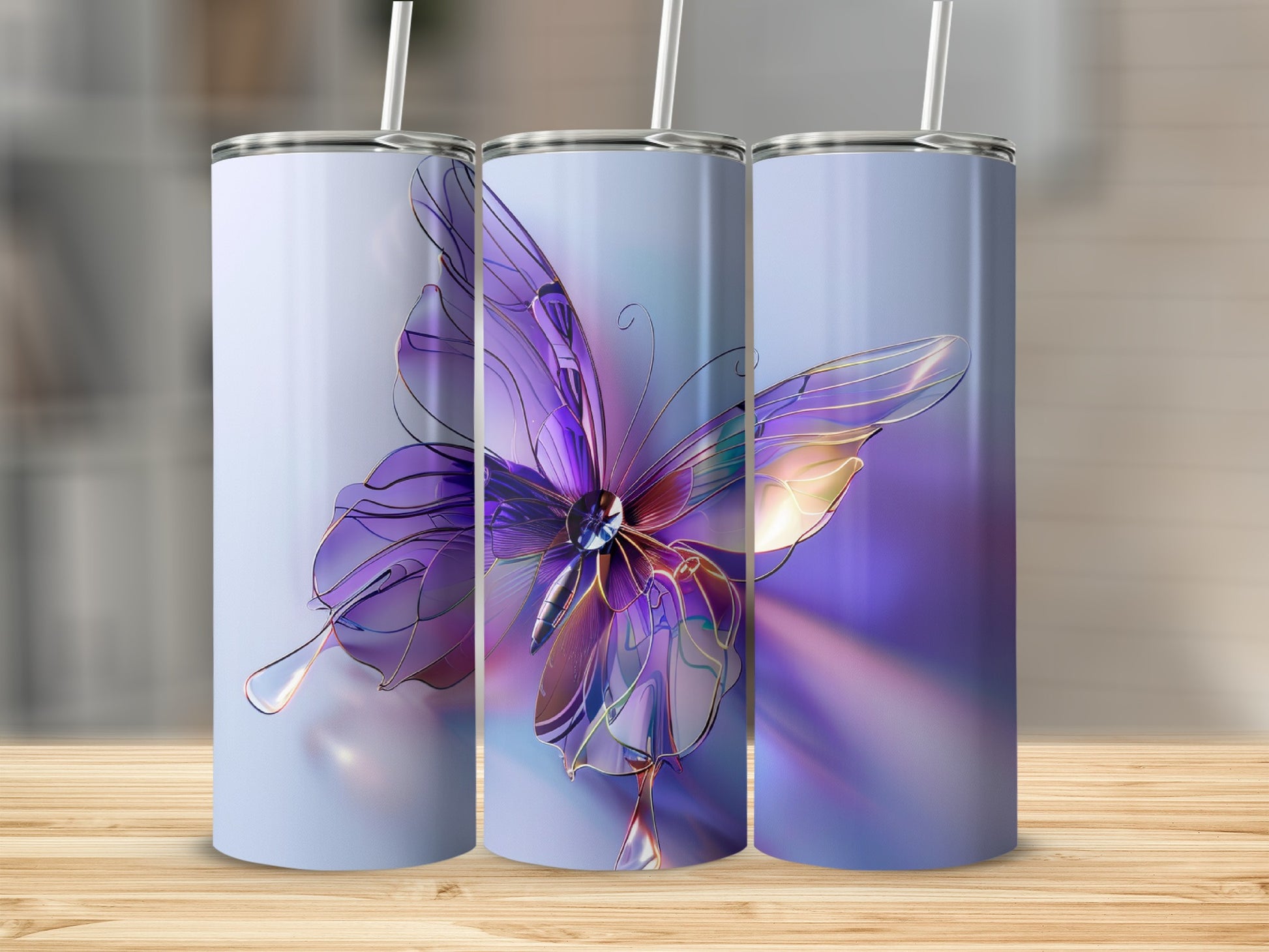 Three tumblers featuring a shimmering purple butterfly design.