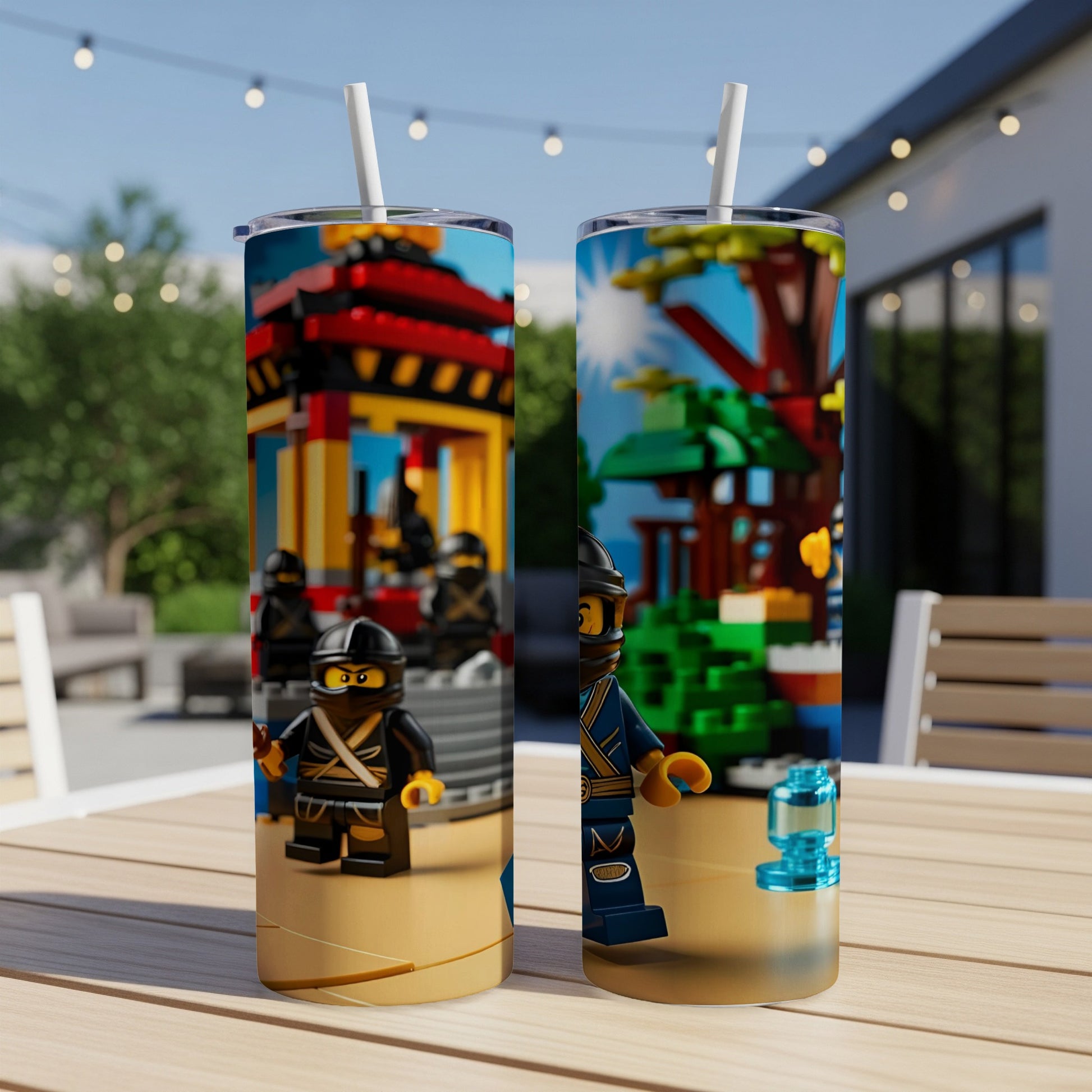 Two Lego Ninjago themed tumblers with straws on a wooden table.