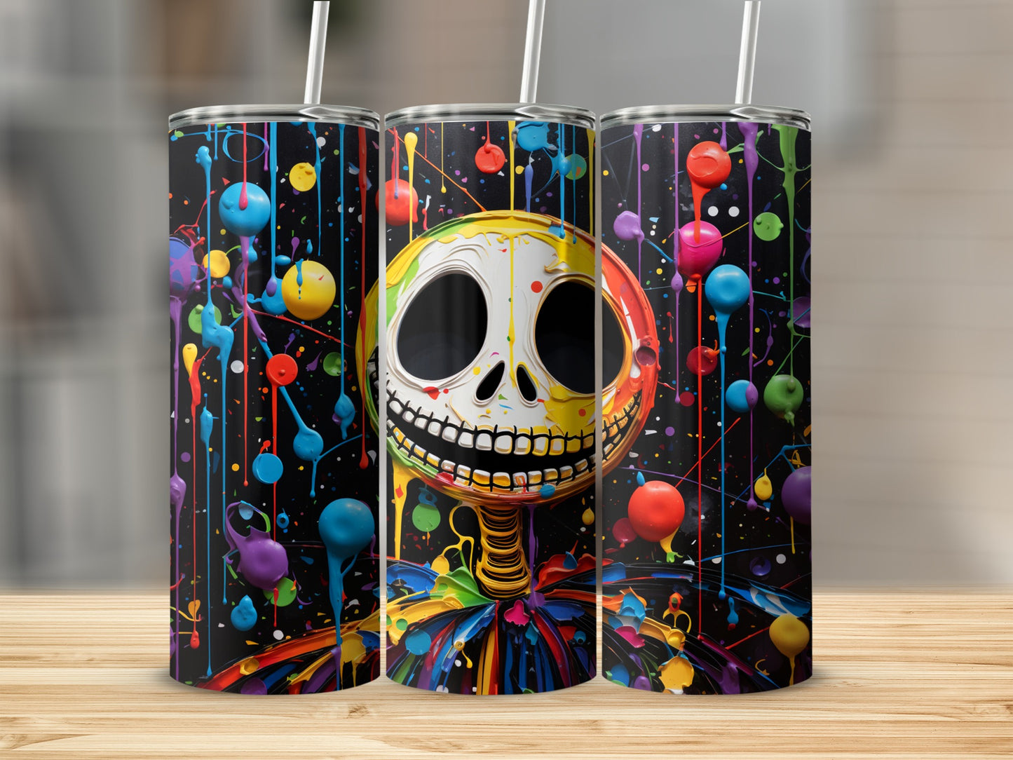 Vibrant Skull Art Tumbler with Colorful Abstract Design