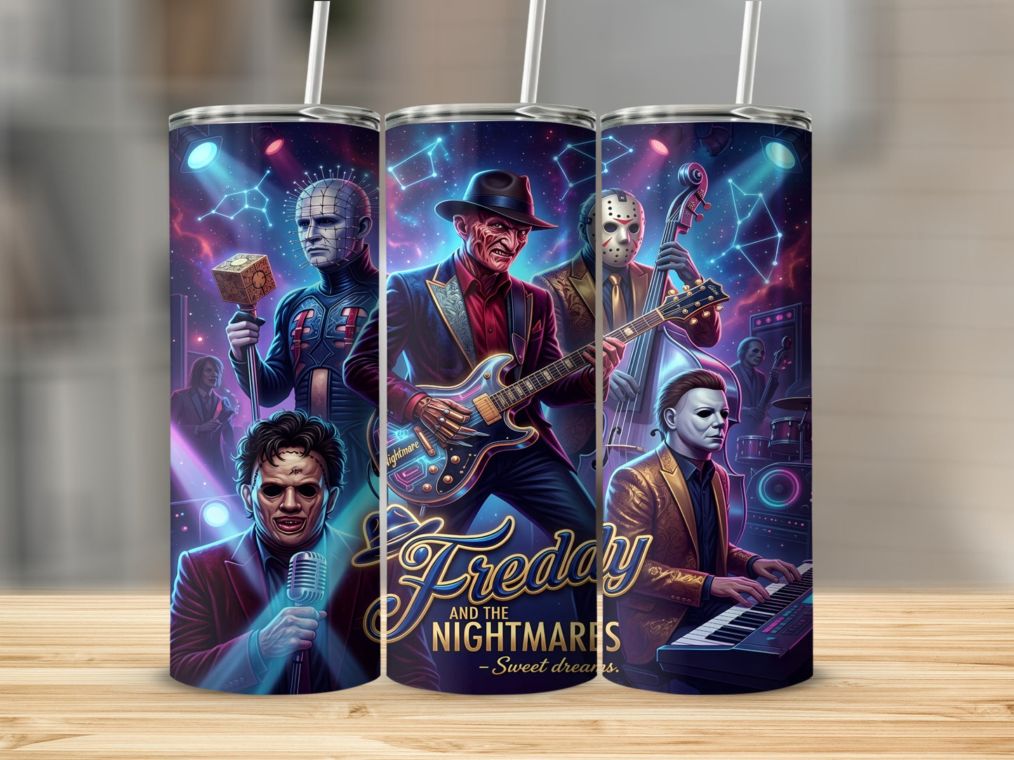 Horror characters play instruments on a tumbler with "Freddy and the Nightmares - Sweet dreams."