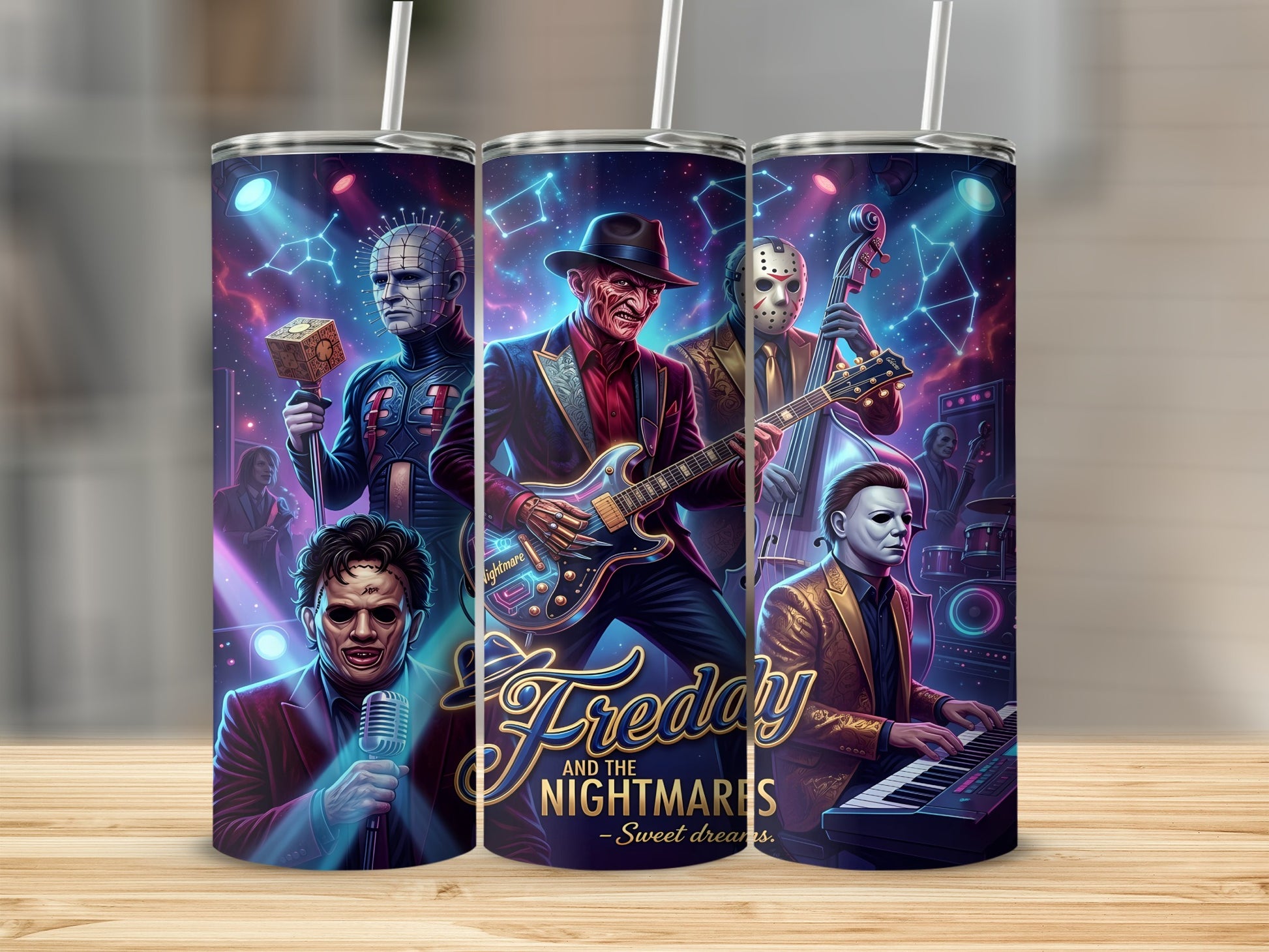 Horror characters play instruments on a tumbler with "Freddy and the Nightmares - Sweet dreams."
