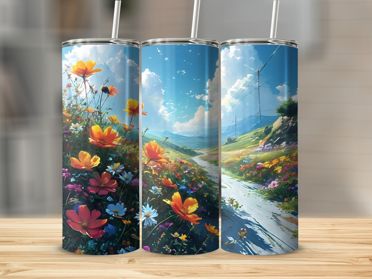 Three tumblers with a floral landscape and sky scene.