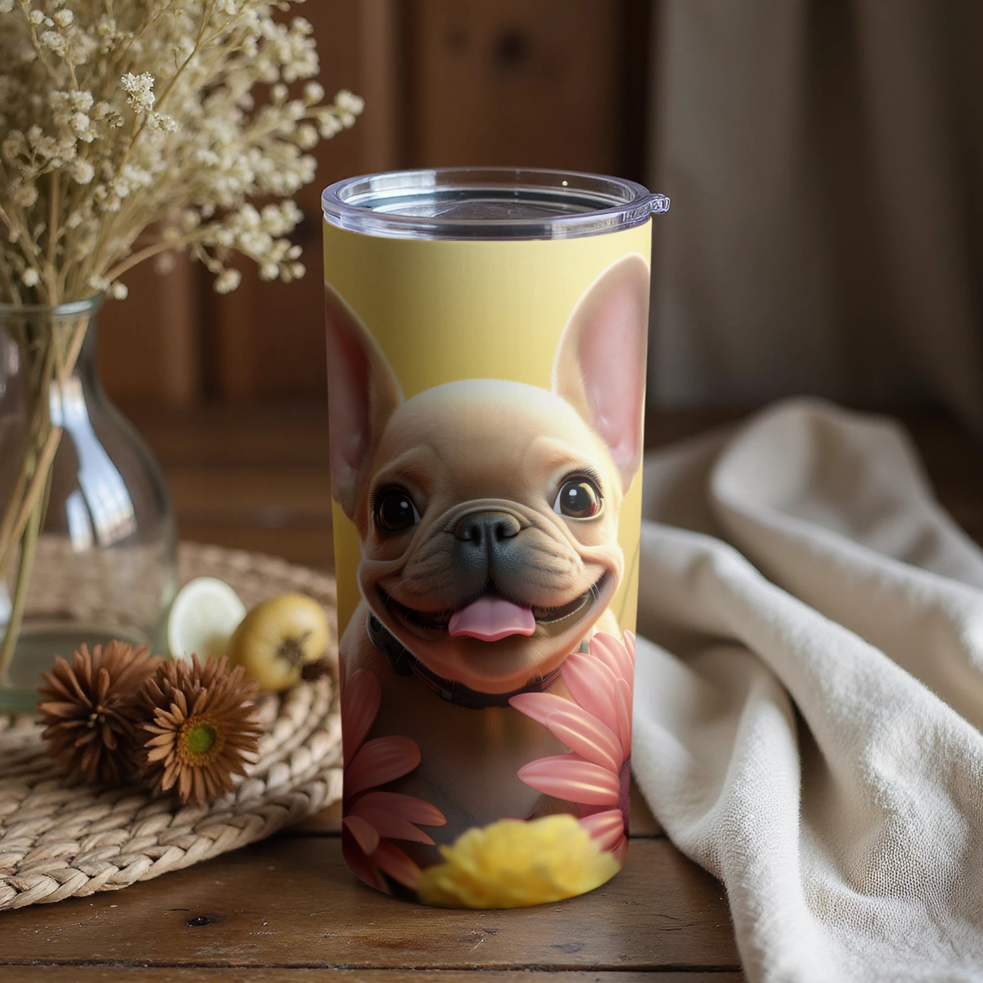 Smiling French Bulldog Puppy Flower Tumbler Design product type
French Bulldog
Puppy
Dog
Smiling Dog
Happy Dog
Floral Tumbler
Flower Design
Pink Flowers
Yellow Background
Pet Lover Gift
Animal Graphic
Cute Puppy
Adorable Dog
Drinkware
Beverage Holder
Gift Idea
Custom Tumbler
Unique Design
Frenchie
Dog Breed