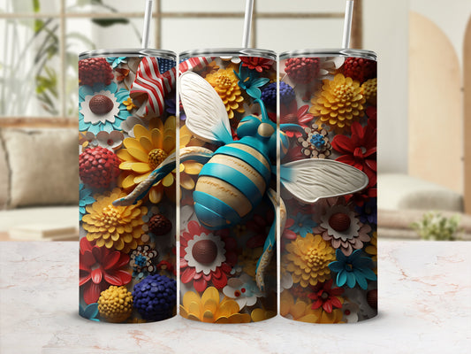 Tumbler with a bumblebee and flowers, featuring an American flag detail.
