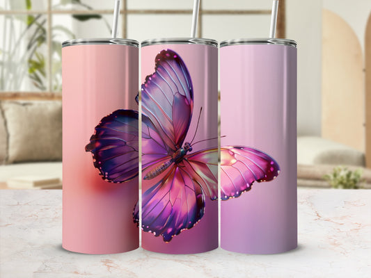 Three pink and purple gradient tumblers featuring a realistic butterfly design.