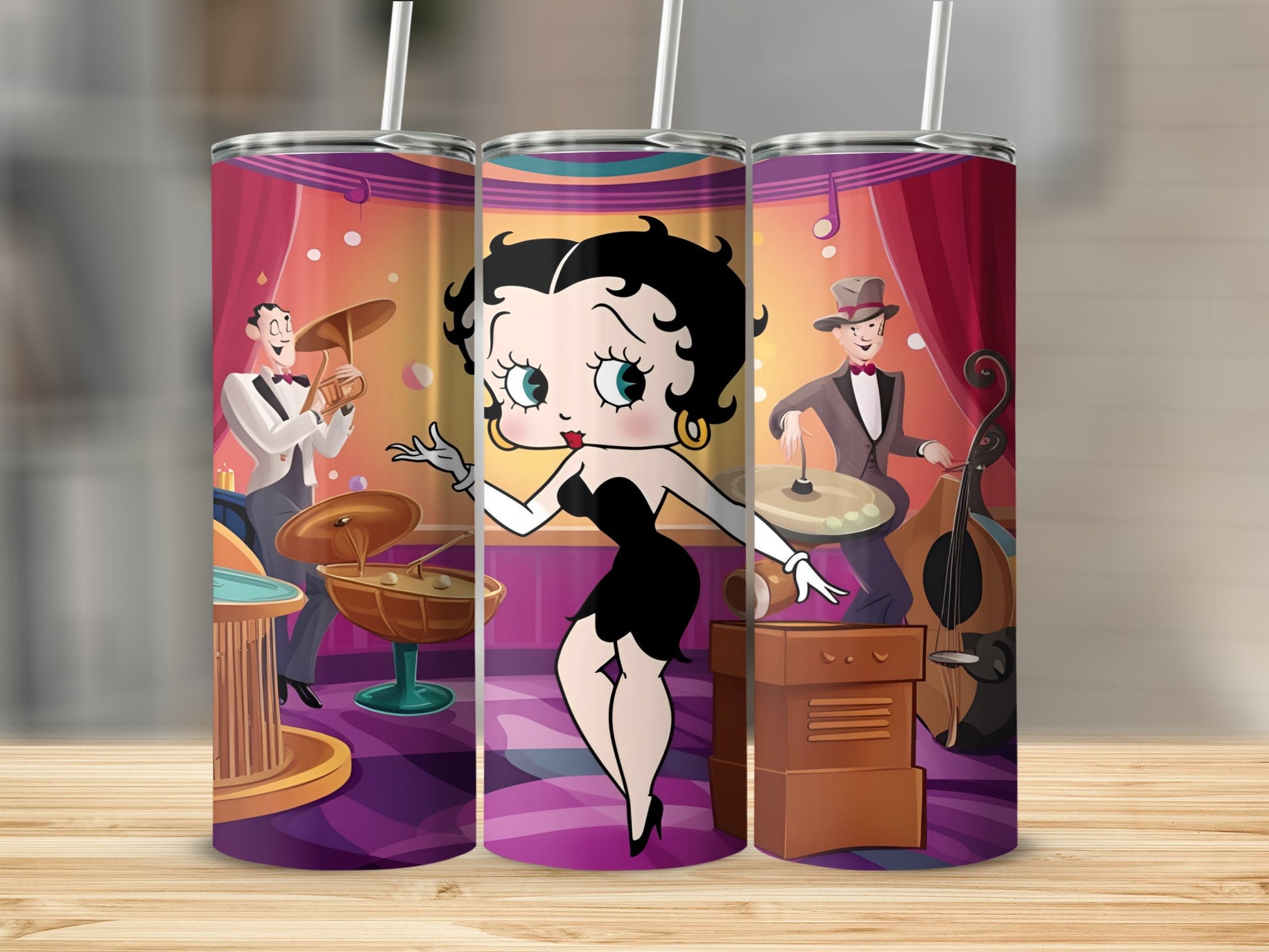 Betty Boop in a dress with a band playing music on stage.