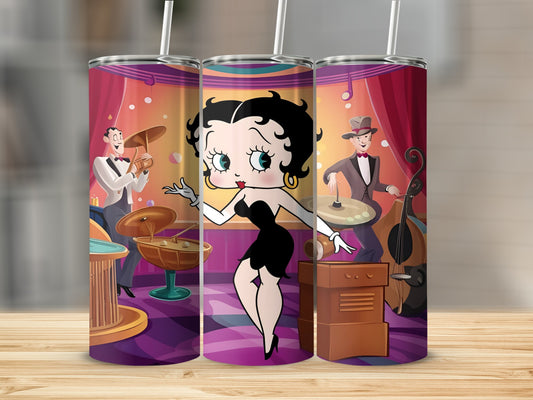 Betty Boop in a dress with a band playing music on stage.