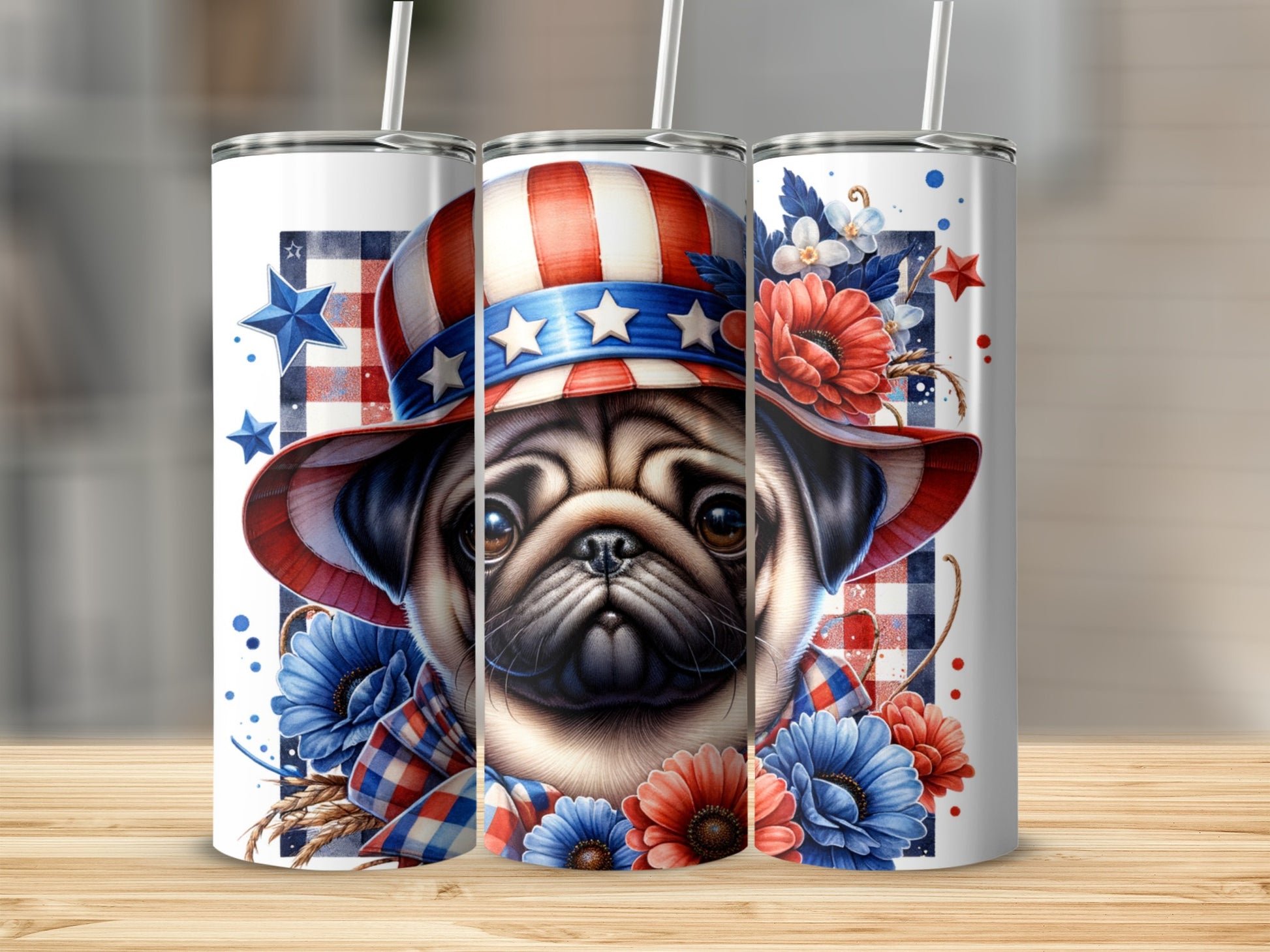 Pug in patriotic hat with red, white, and blue flowers and stars.