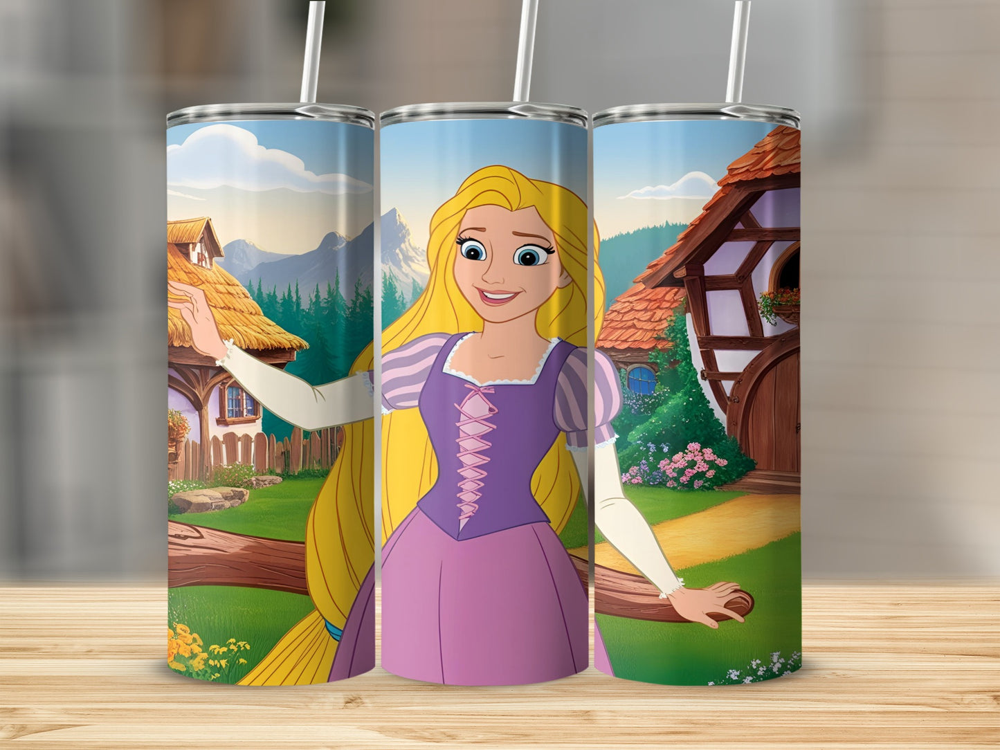 Rapunzel from Tangled in a purple dress, standing in front of a storybook cottage.