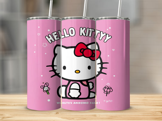 Hello Kitty tumbler with pink background and floral accents.