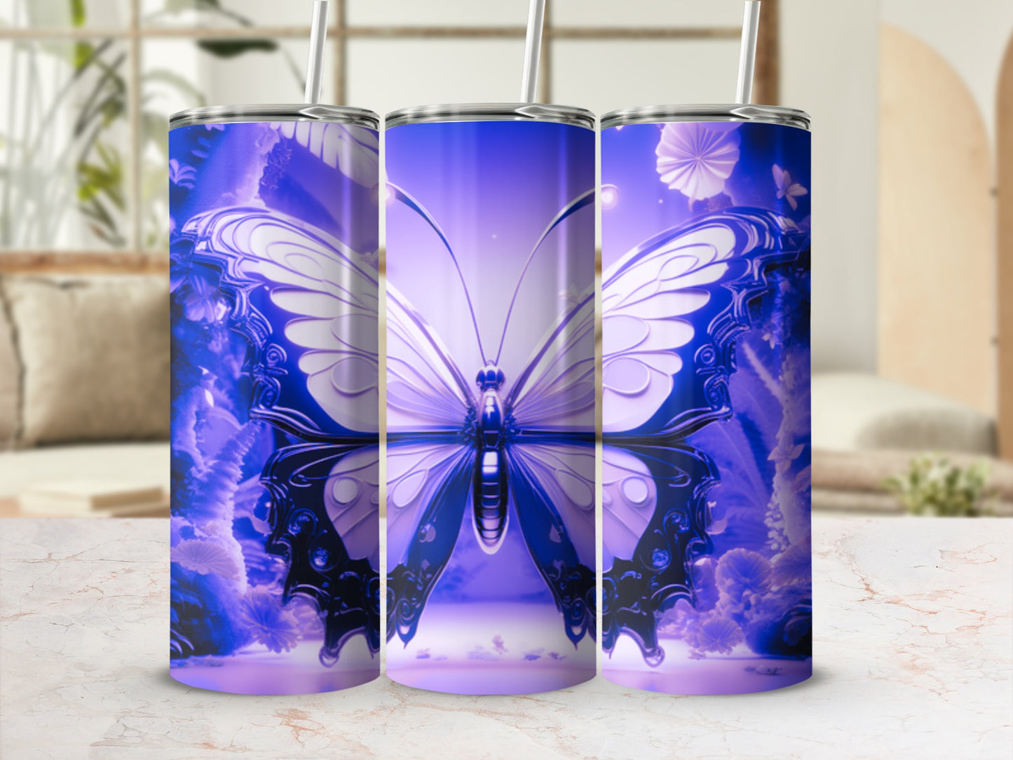 Three tumblers with a large purple butterfly design.