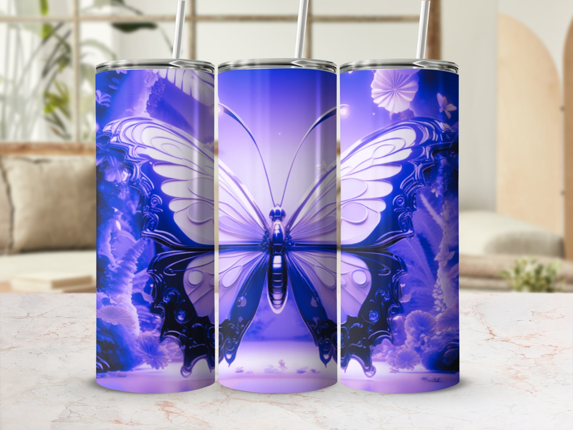 Three tumblers with a large purple butterfly design.