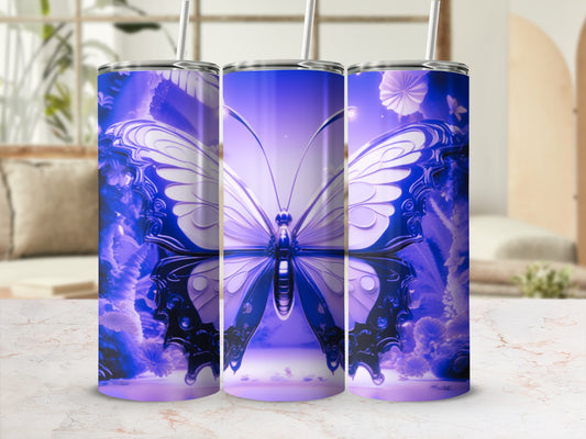 Three tumblers with a large purple butterfly design.
