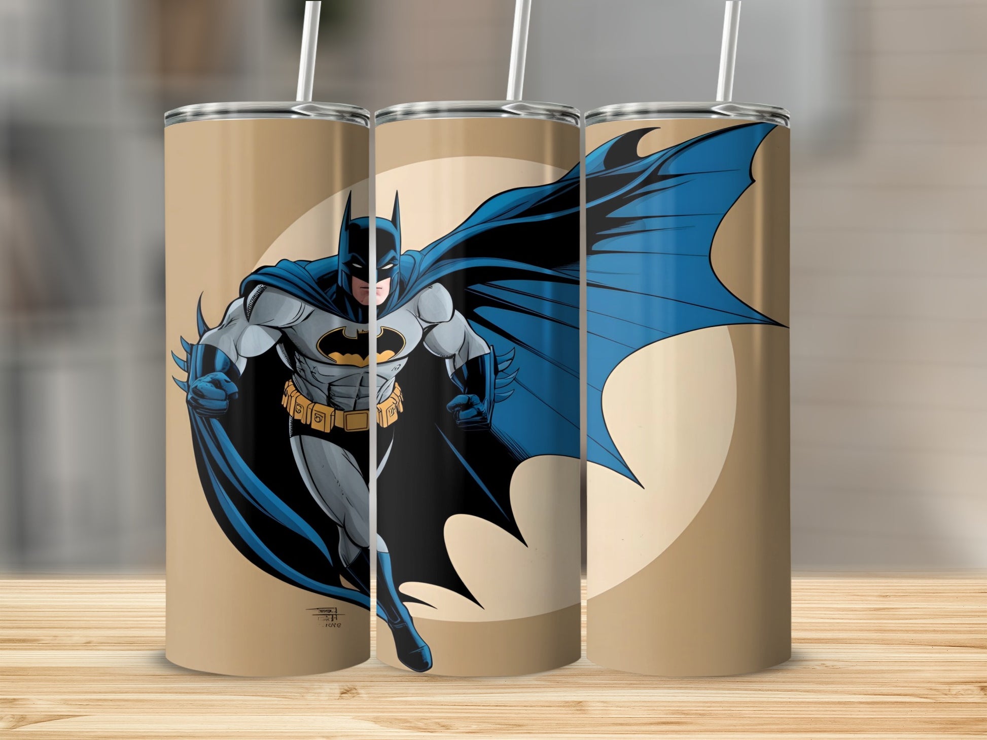 Batman running forward with blue cape and cowl on tan background.