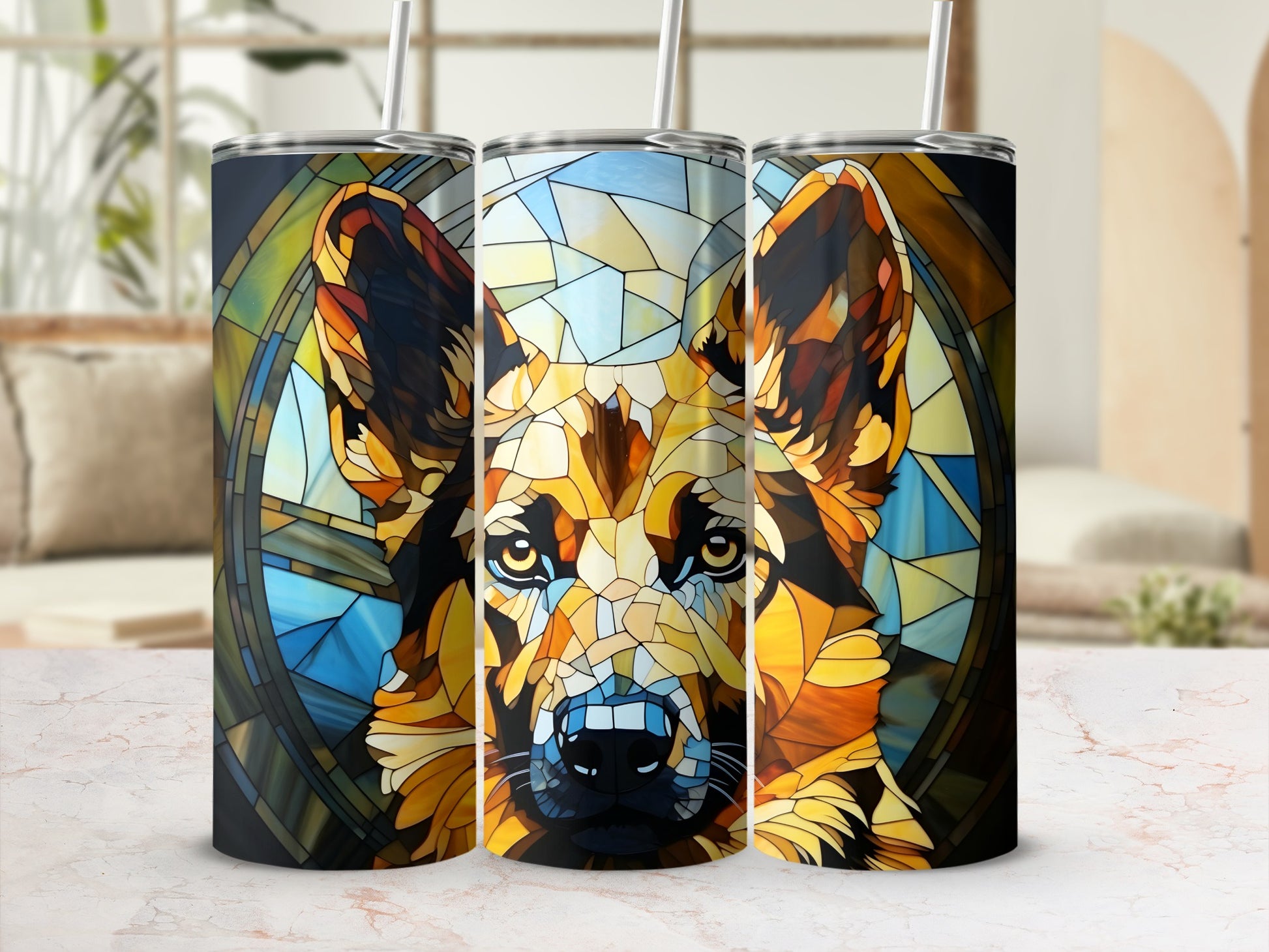 German Shepherd portrait in stained glass style on a tumbler.