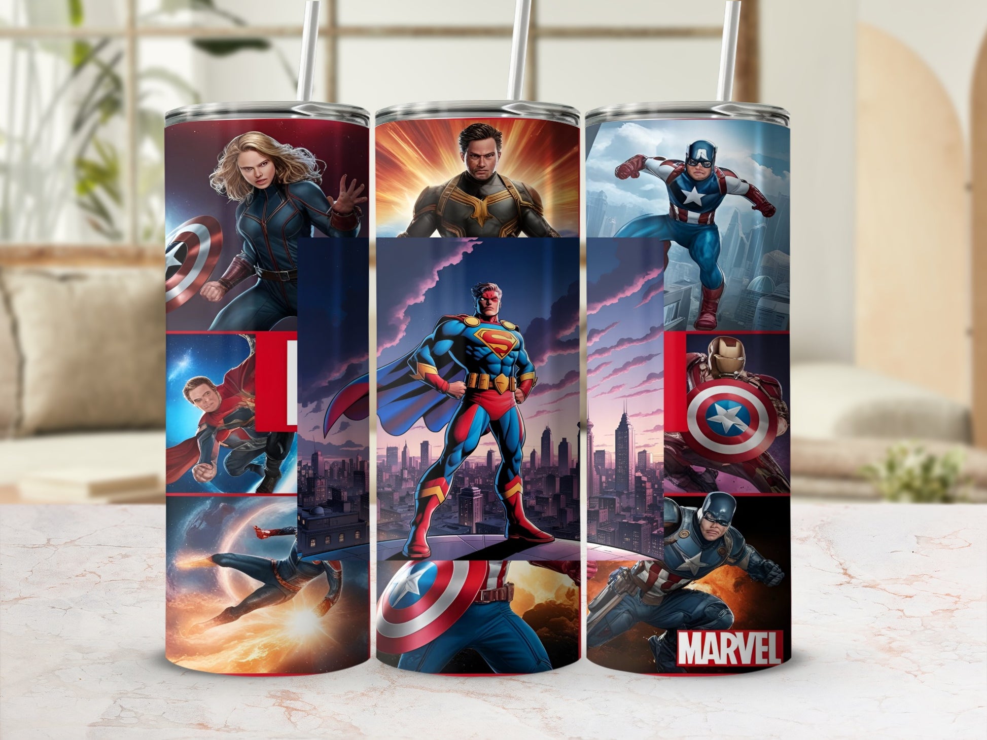 Three superhero tumblers featuring Captain America and Superman on a marble countertop.