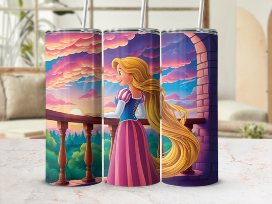Rapunzel looking out at a sunset over a colorful landscape from a balcony.