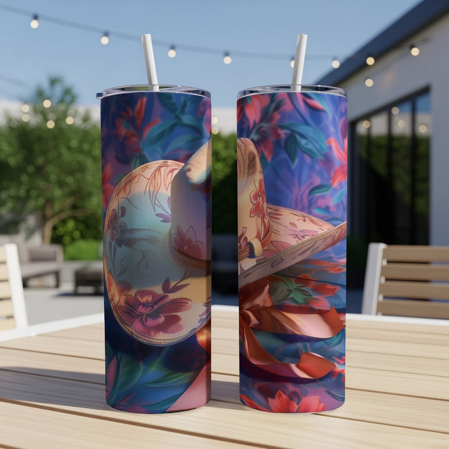 Floral sombrero pattern on two skinny tumblers with straws, outdoors.