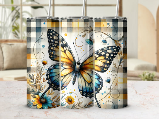 Tumble with butterfly and floral watercolor design on plaid background.