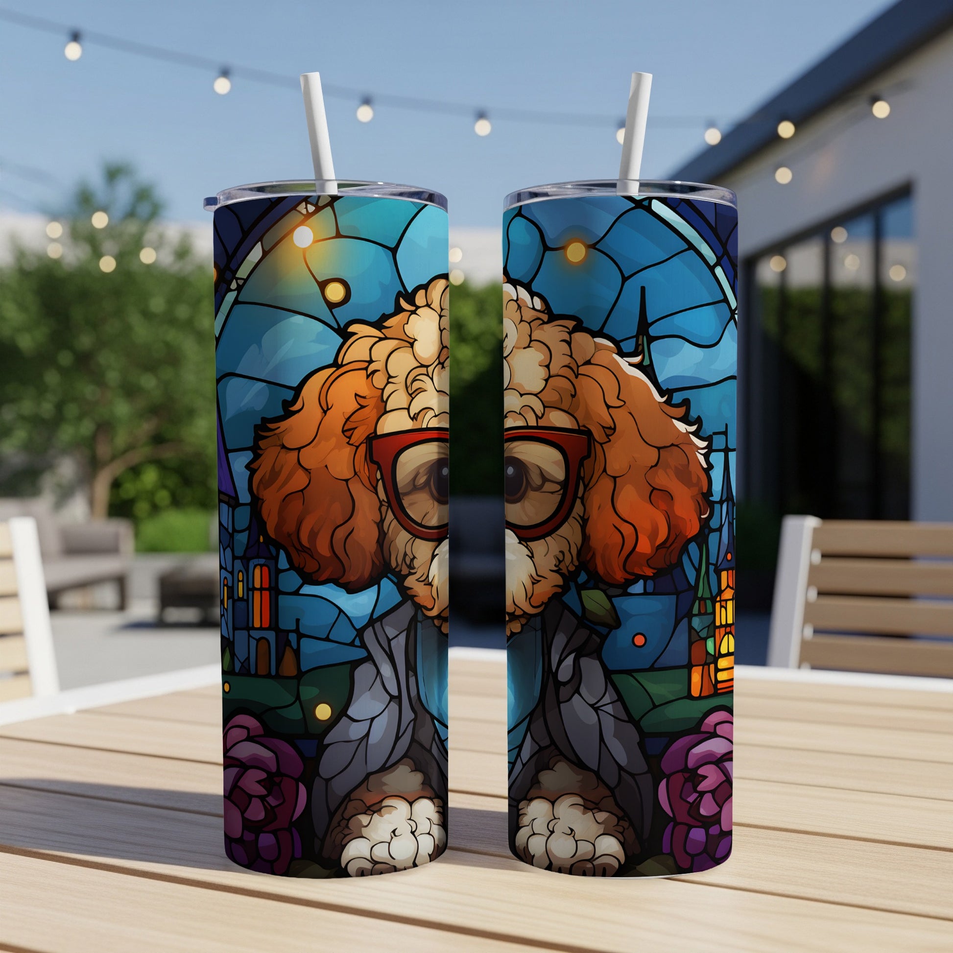 Two tumblers featuring a stained-glass style dog with red glasses and a suit.